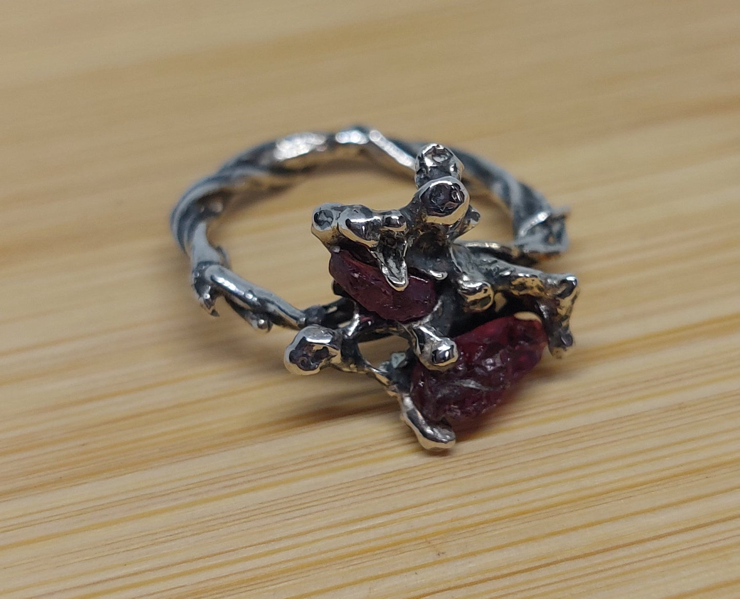 Sterling Silver Garnet Ring, Raw Garnet Statement Ring, Oxidised Handmade Artisan Jewellery, One of a Kind
