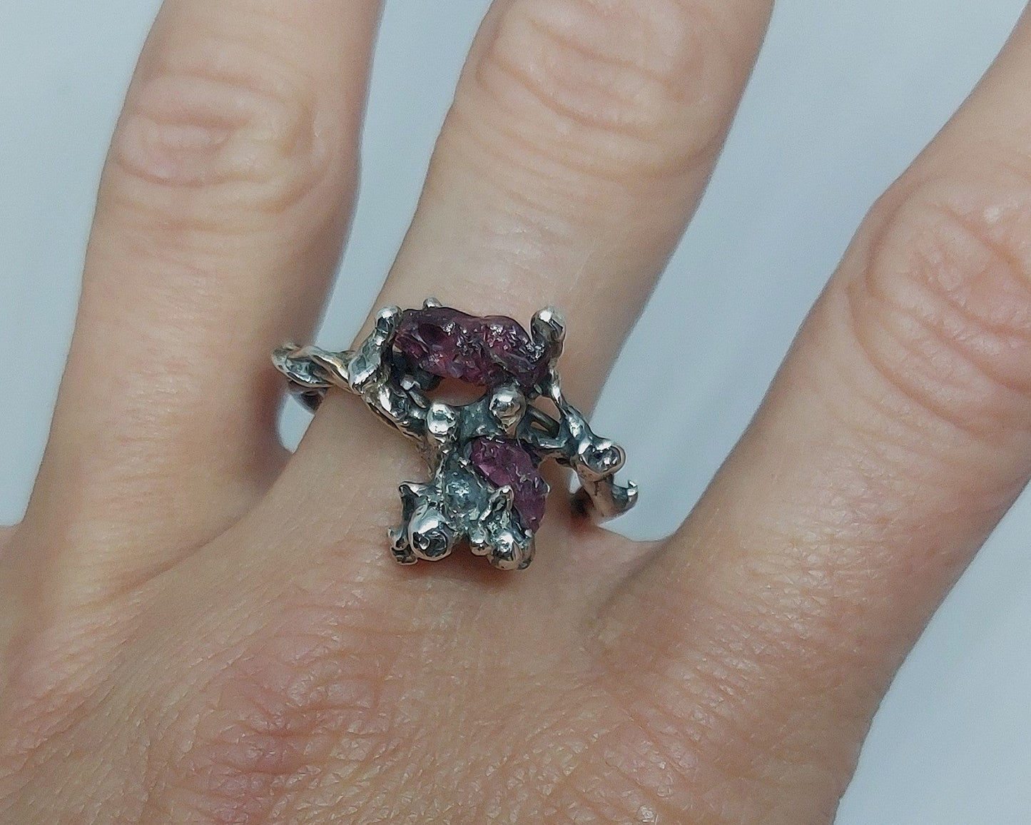 Sterling Silver Garnet Ring, Raw Garnet Statement Ring, Oxidised Handmade Artisan Jewellery, One of a Kind