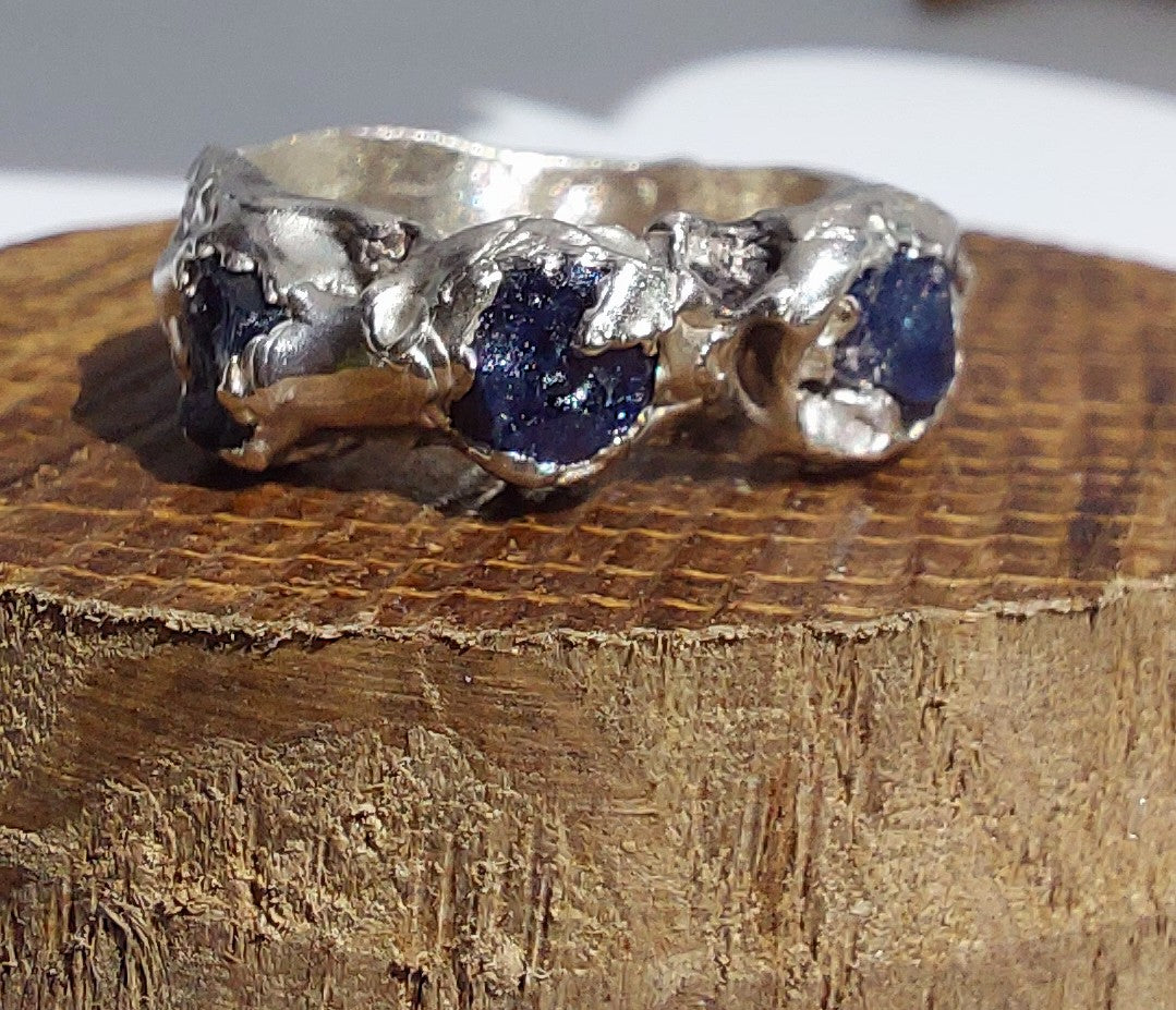 Raw Sapphire Ring Sterling Silver | Organic Textured Band | Handmade Rustic Blue Sapphire Ring | One of a Kind | Hallmarked Edinburgh
