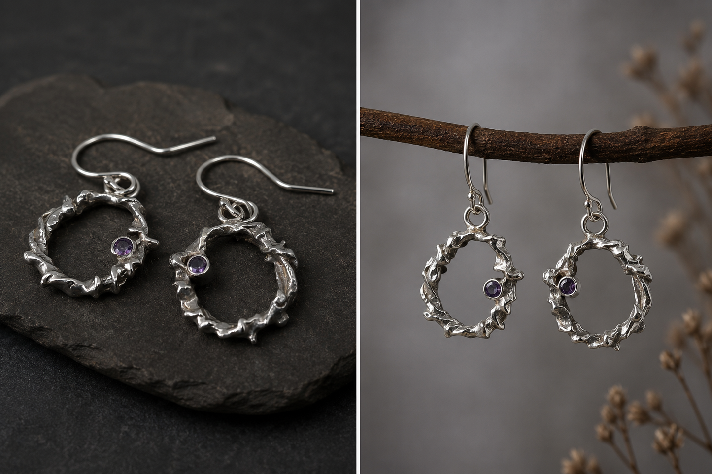 Sterling Silver Amethyst Dangle Earrings – Handmade Nature Inspired Jewellery, One of a Kind, Made in Scotland
